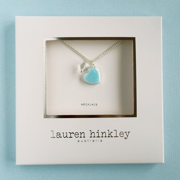 lh - blue glitter heart necklace