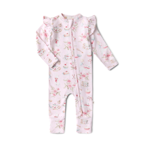 Snuggle Hunny - Organic Snugglesuit Convertible Romper with Frill: Alice's Tea Party
