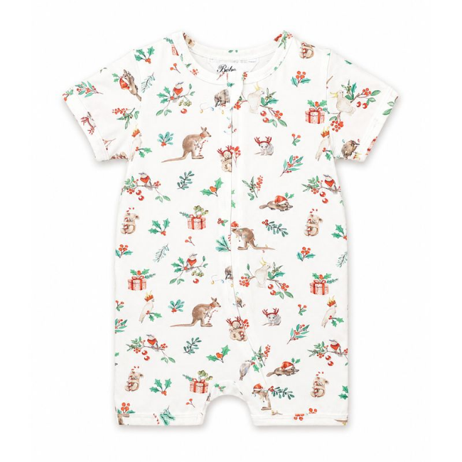 bebe FESTIVE PRINT SS ZIP ROMPER bebe FESTIVE PRINT SS ZIP ROMPER